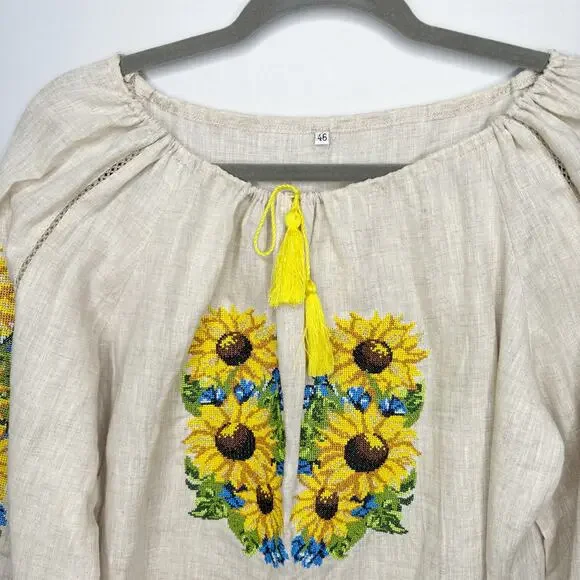 Needlepoint Yellow Sunflower Peasant Blouse Womens 46/XL Drawstring Neckline - Picture 3 of 12